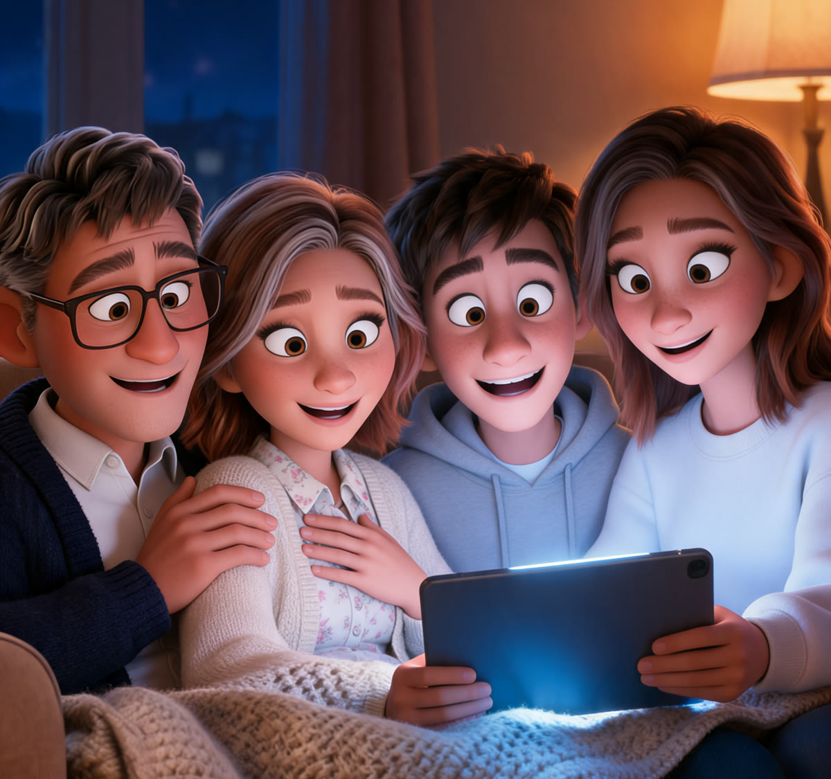 Cuplu emoționat, privind împreună un mini-film animat pe o tabletă, alături de copii