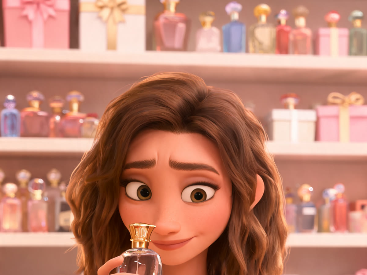 Undecided woman holding a perfume bottle in front of shelves full of perfumes and gift boxes