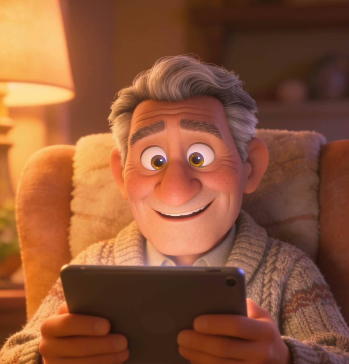 Older man, visibly moved, looking at a tablet in a comfortable armchair at home