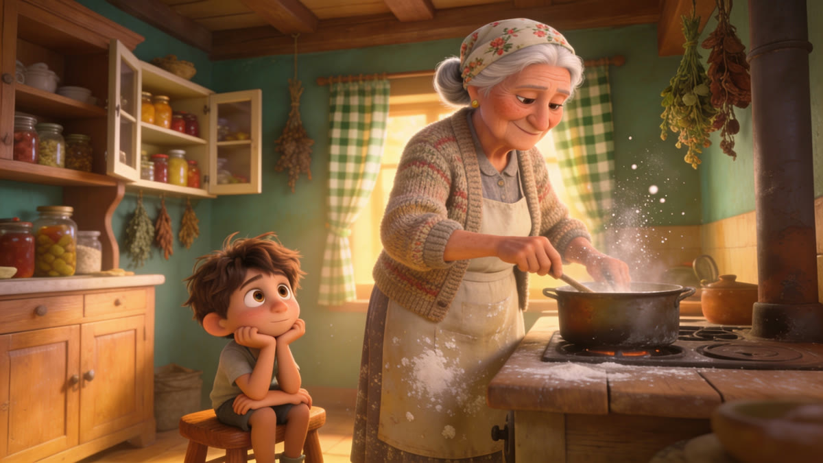 Grandmother cooking in the kitchen, grandchild watching from a stool