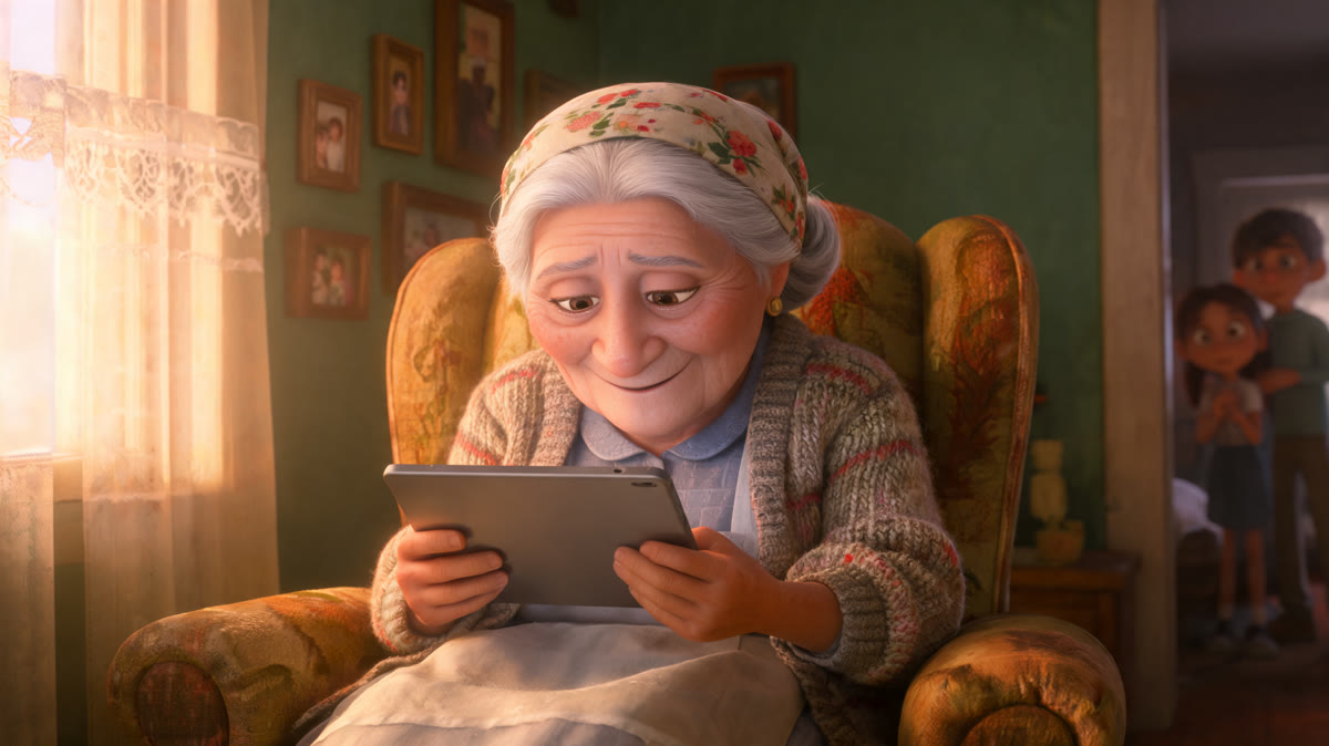 Grandmother moved, looking at a tablet, grandchildren in the background