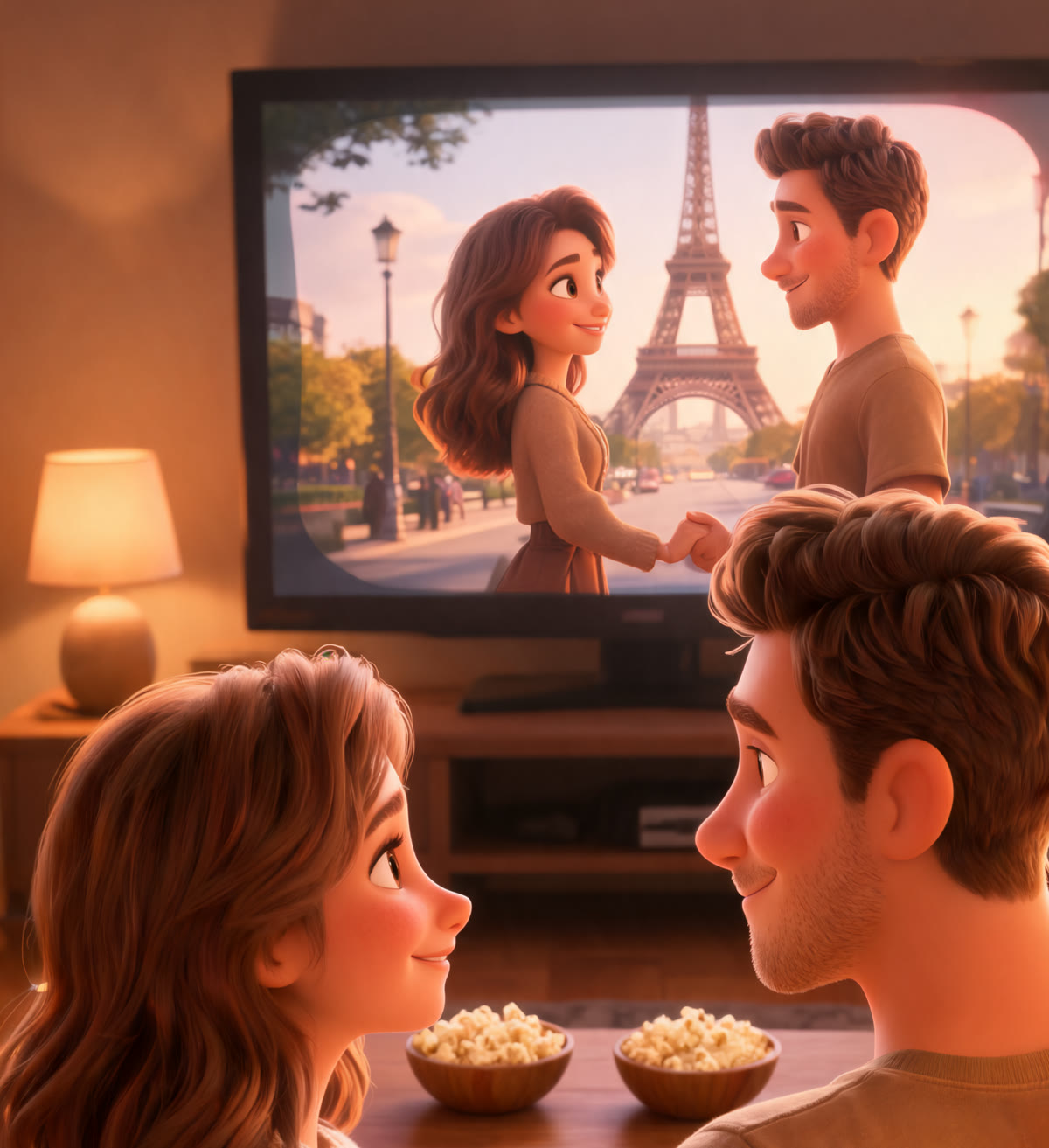 Couple on the couch at home, watching an animated mini-film of themselves near the Eiffel Tower