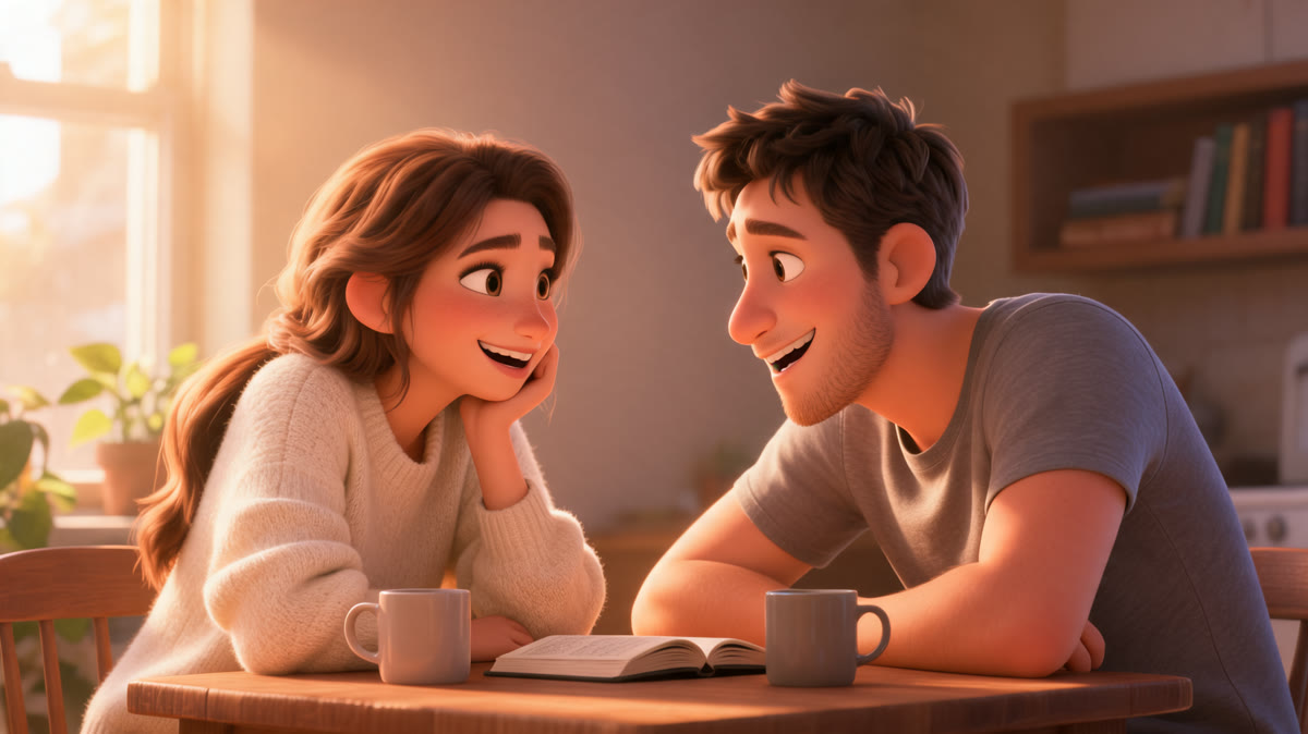 Young couple at home, laughing at the kitchen table, no rings on their hands