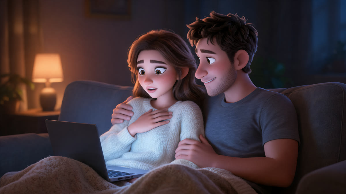 Couple moved, on the couch, watching their animated mini-film together on a laptop