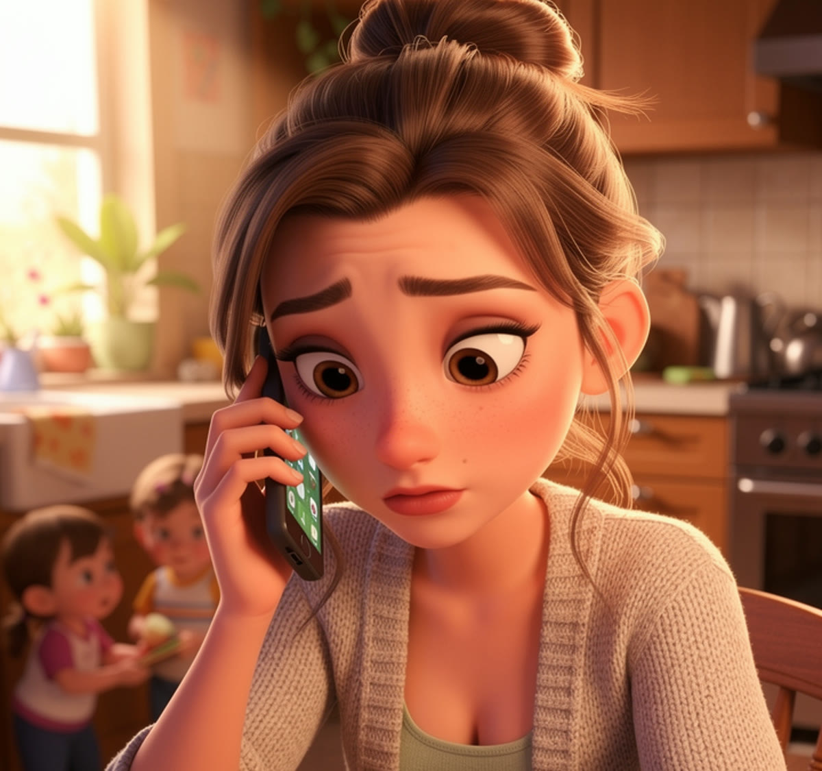 Woman managing the family calendar on the phone, kids playing in the background