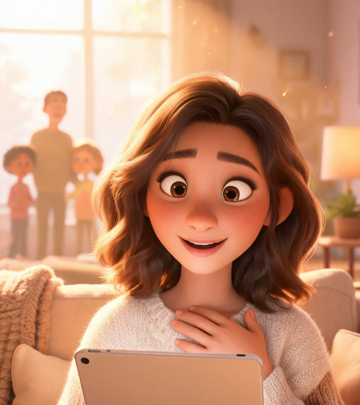 Woman touched, hand on her chest, looking at a tablet, family blurred in the background